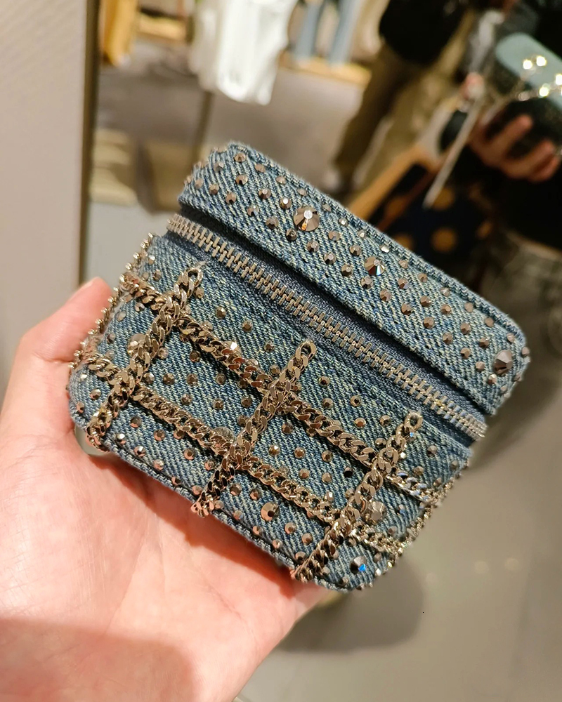 2025S Designer New for Trendy Women Fashionable Denim Hot Diamond Mini Pendant Single Shoulder Crossbody Lipstick Small Square Bag