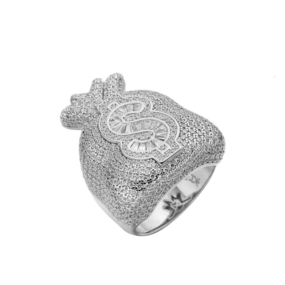 2024 Hip Hop Iced Out Cz Moissanite Dia Baguette Money Bag Symbol Sign 14k Gold Plated Rapper Fashion Jewelry Rings m