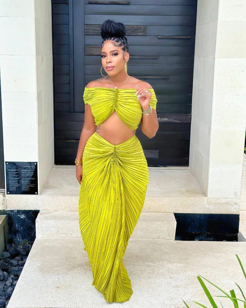 Work Dresses Design Fold Slash Off Shoulder Crop Top And Midi Skirt Two Piece Set Sexy Elegant Party Dress Summer Women Cloth