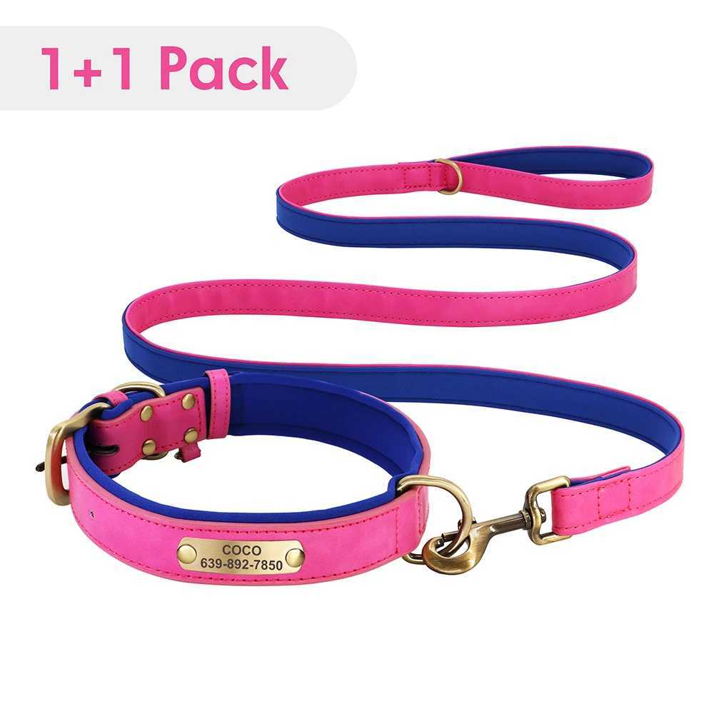 Personalized Dog ID Collar With Leash Soft Padded PU Leather Dogs Collar and Leash Set Anti-lost Tag For Small Medium Large DogsXJ241114
