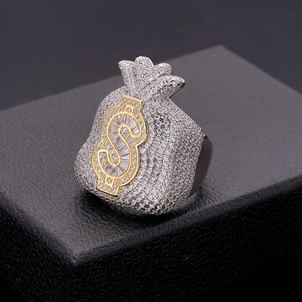 2024 Hip Hop Iced Out Cz Moissanite Dia Baguette Money Bag Symbol Sign 14k Gold Plated Rapper Fashion Jewelry Rings m