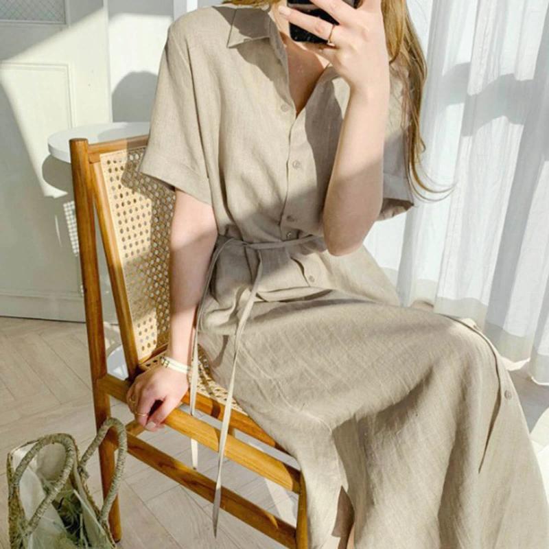 Casual Dresses Summer Cotton Linen Long Shirt Dress 2024 Fashion Single Breasted Elegant Simplicity Loose Lace-up Vestidos Robe
