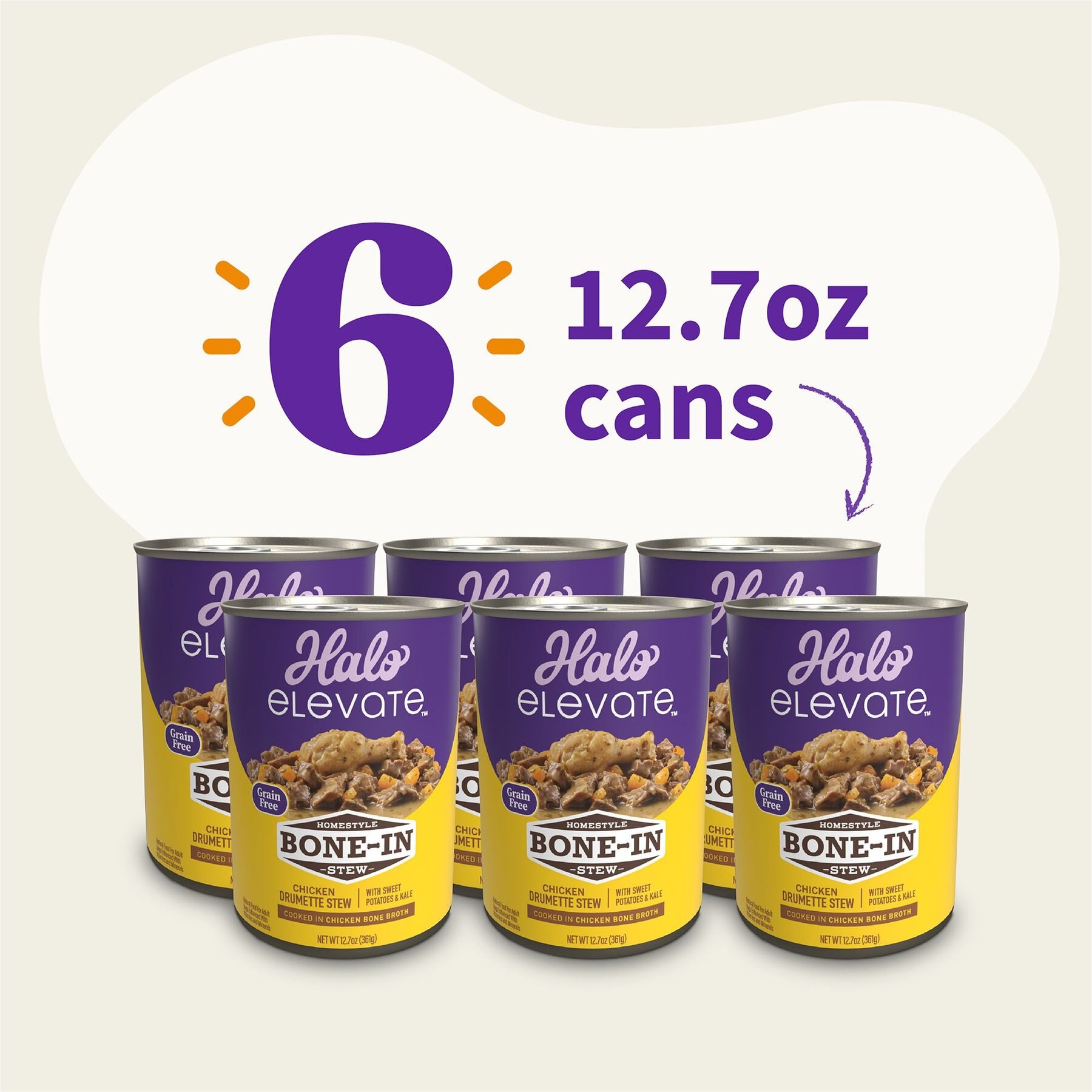 Halo Elevate Homestyle Bone-In Chicken Stew with Sweet Potatoes & Kale Grain-Free Wet Dog Food, 12.7-oz can, case of 6