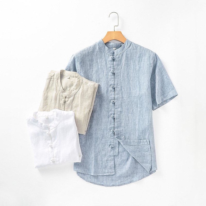 Men's Casual Shirts Chinese Style Stand Up Collar Retro Button Down En Shirt Short Sleeved Top