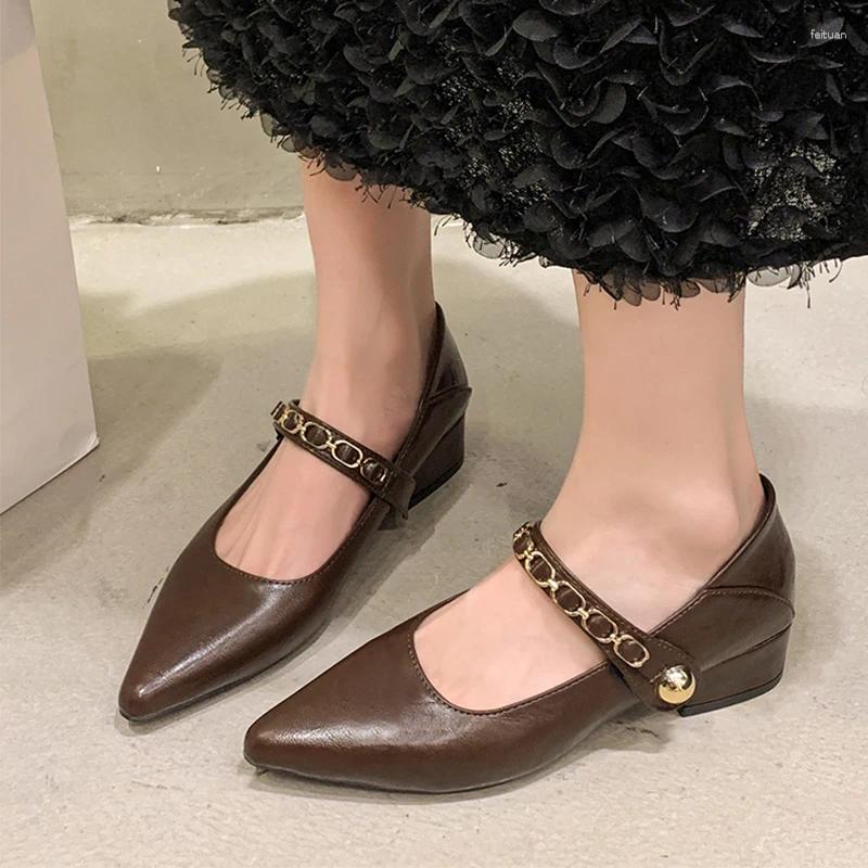 Dress Shoes Women Leather Mary Jane Pointed Toe Mid Heels Woman 2025 Trend Fashion Shallow Pumps Zapatillas