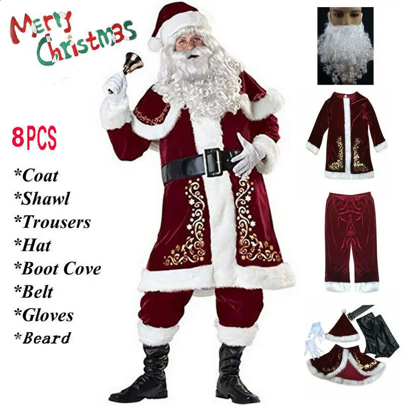 Man Santa Claus Suit Adult Christmas Cosplay Costume Red Deluxe Velvet Fancy 8pcs Set Xmas Party Family Costume Outfits 241121