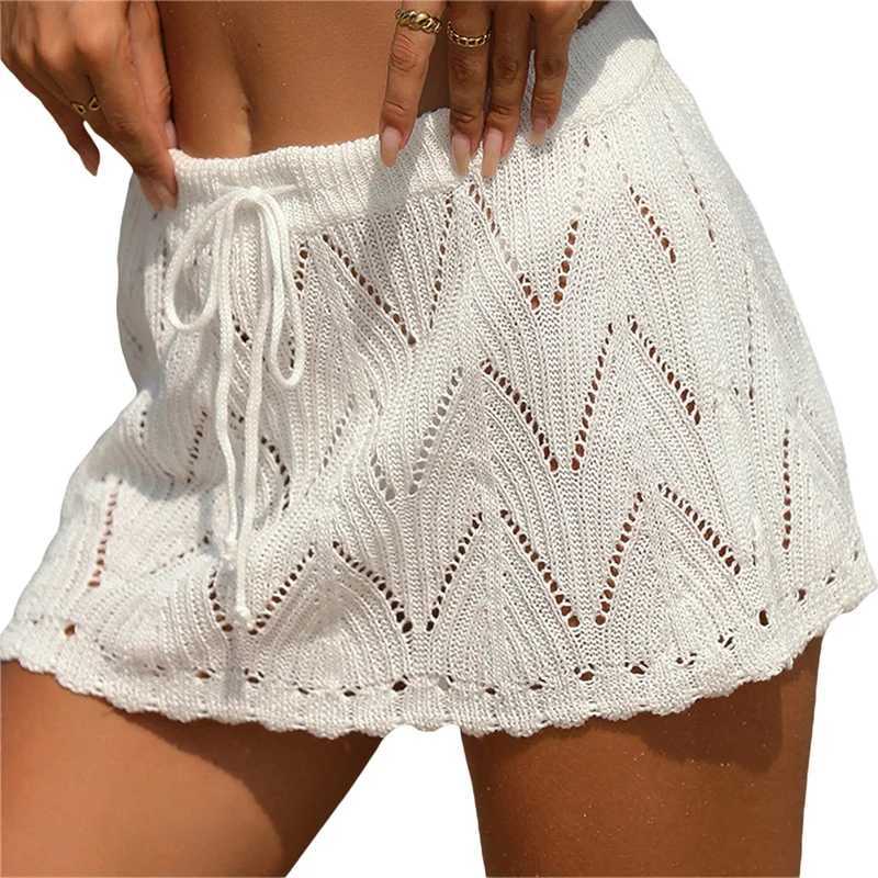 Skirts Xingqing Beach Skirt Cover Up 2024 Summer Women Solid Color Drawstring High Waist Knitted Mini Skirt Casual Swimming Come Y240420