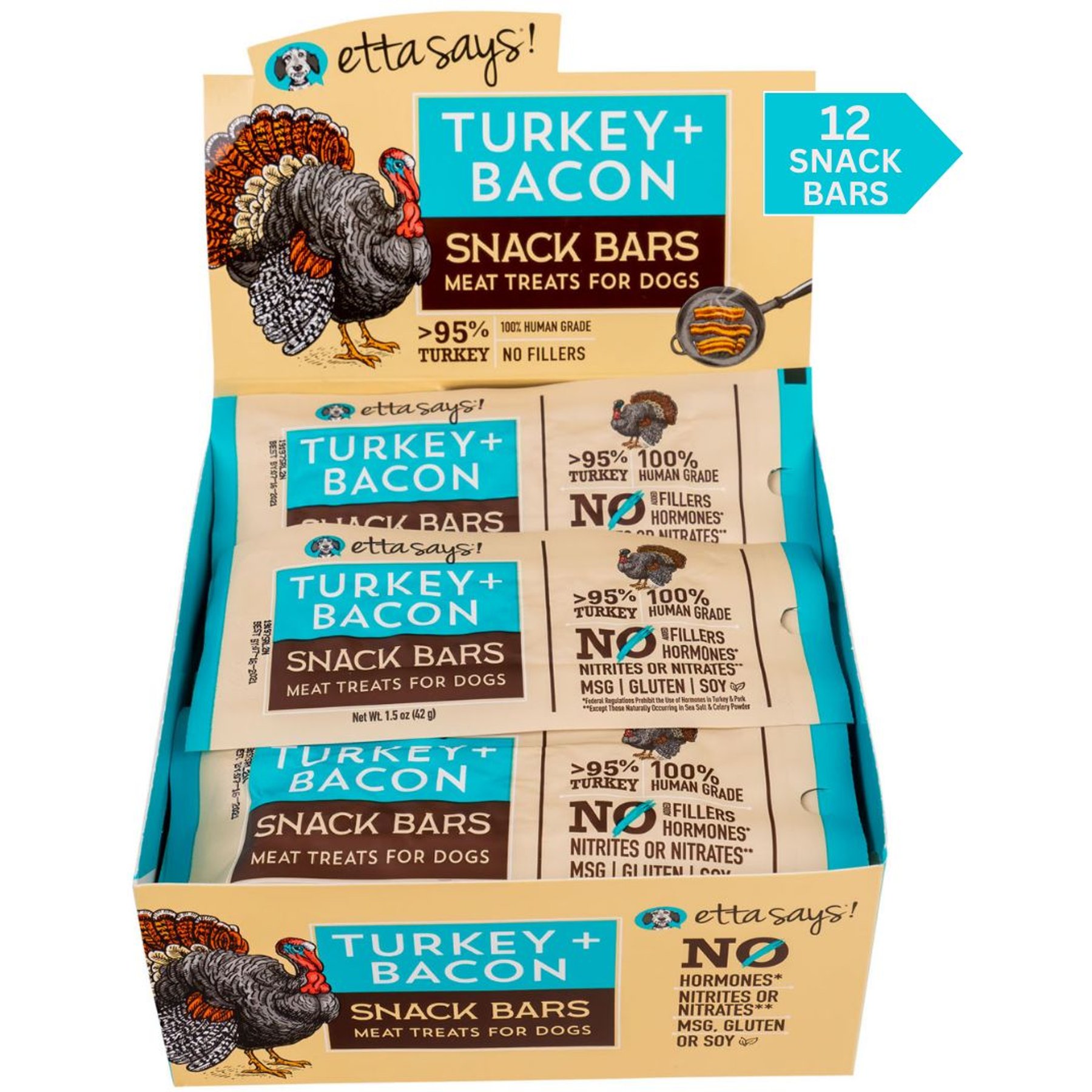 Etta Says! Turkey + Bacon Snack Bars Human Grade Jerky Dog Treats, 12 count