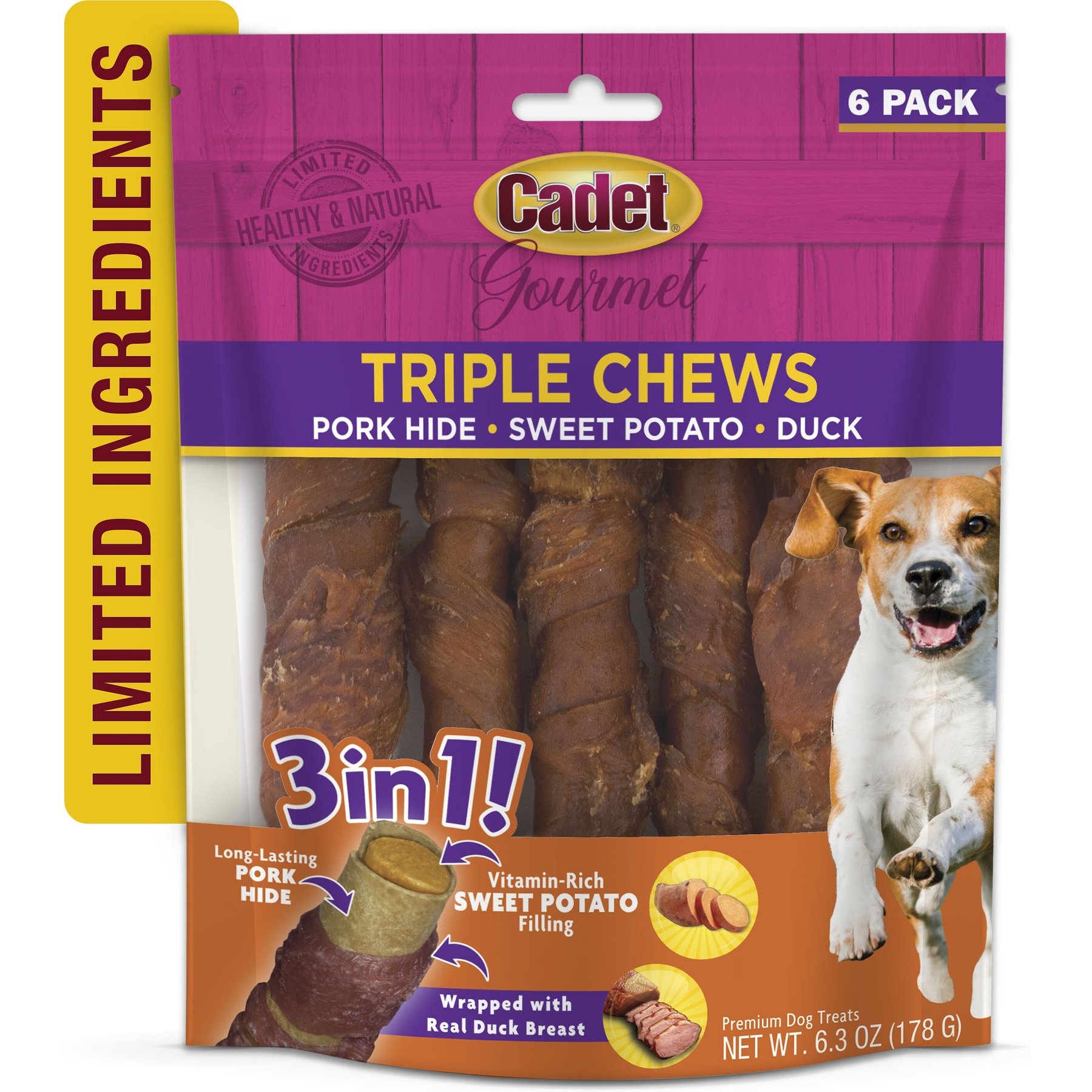 Cadet Gourmet Triple Chews Sweet Potato, Duck, & Pork Hide Twists Dog Treats, 6 count