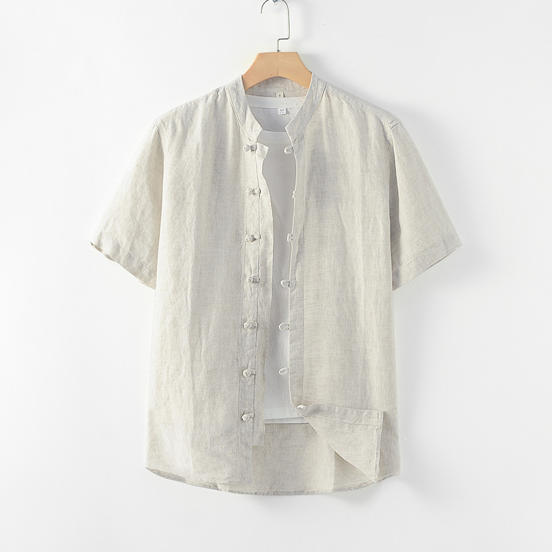 Men's Casual Shirts Chinese Style Stand Up Collar Retro Button Down En Shirt Short Sleeved Top