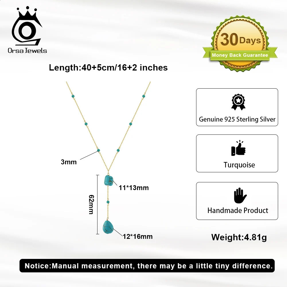 ORSA JEWELS Fashion Y-shaped Necklace 925 Pure Silver Irregular Turquoise Long Chain Necklace Womens Jewelry GMN50 241120