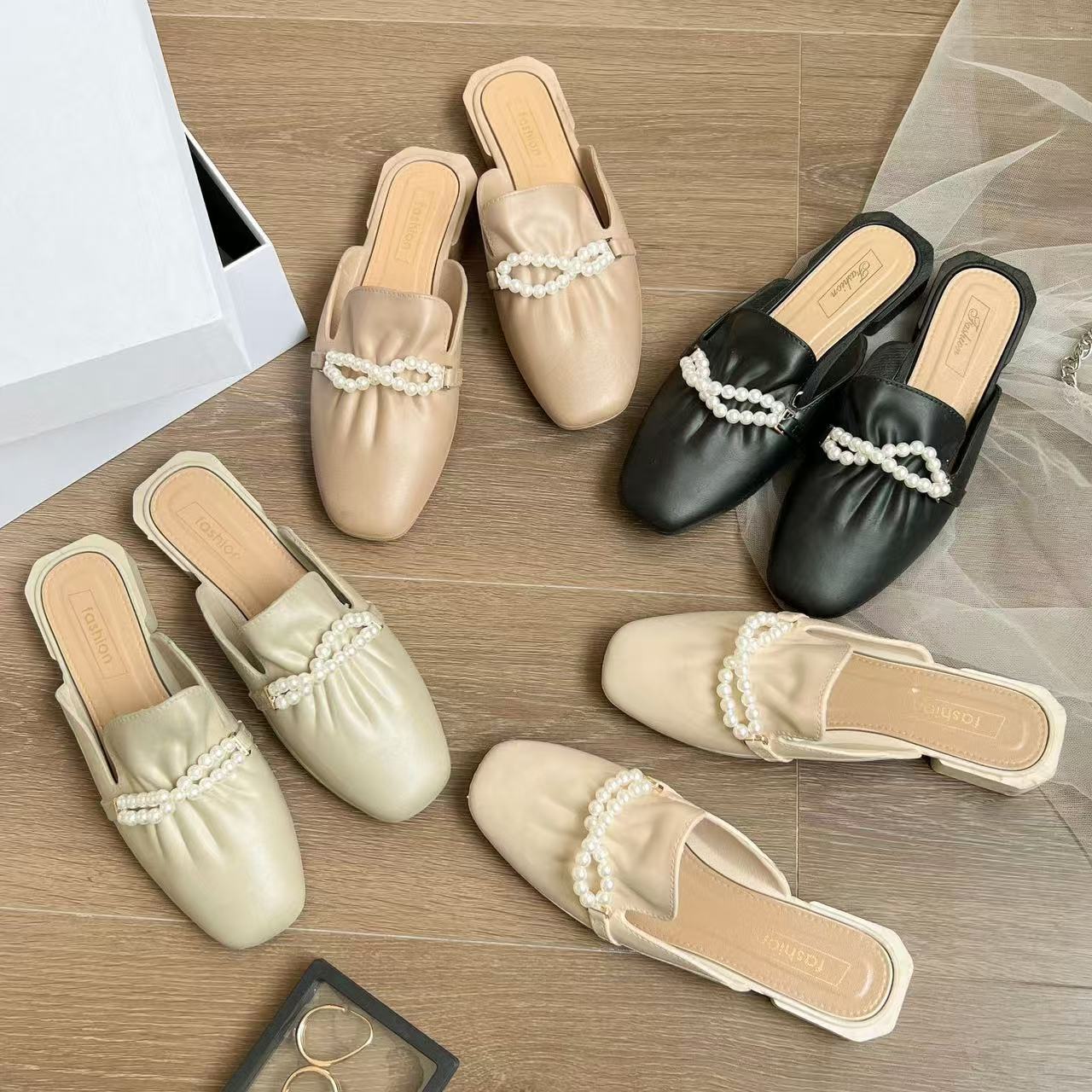 fashion leather designer bowknot slippers pointed toe slides mules for women low heel summer shoes outfoor flip ps
