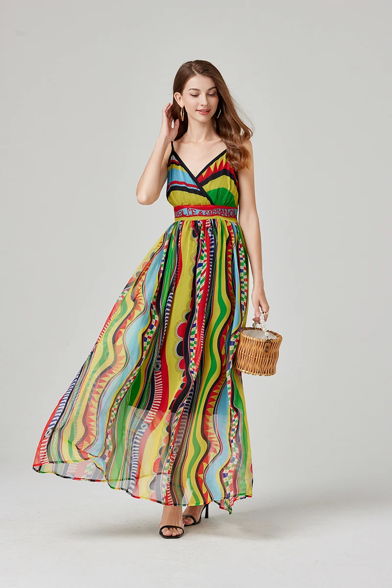Women Casual Dresses Spring Summer Bohemain Spaghetti Strap Chiffon Flowy Dress Women Sexy V-Neck Backless Floral Print Holiday Boho Long Robe Vestido