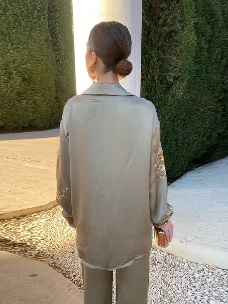 Fashion Casual Sequinned Shirt Suit For Women Chic Lapel Long Sleeves Top Elastic Waist Long Pants Set Spring Lady Elegant Suits 240420