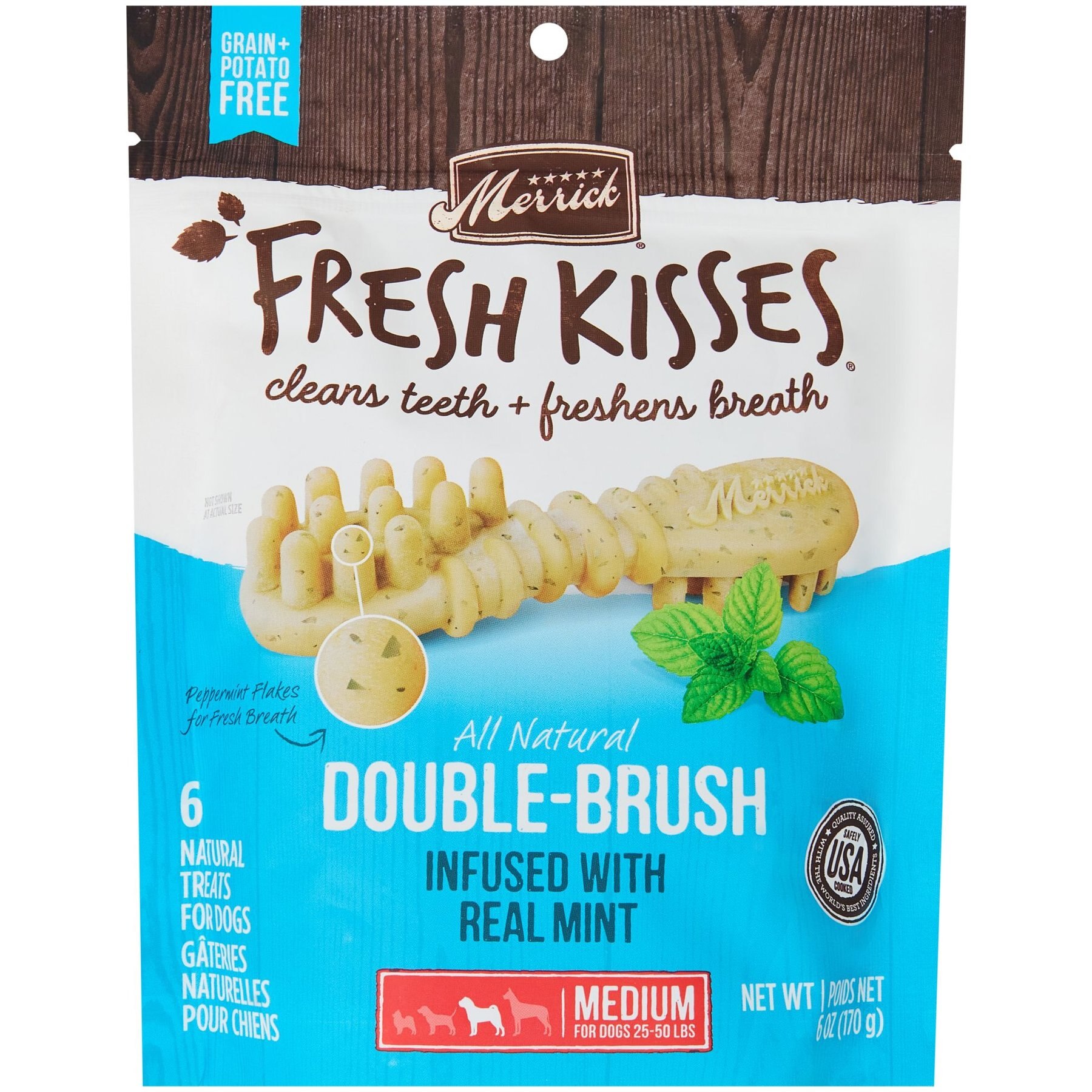 Merrick Fresh Kisses Double-Brush Mint Breath Strip Infused Medium Dental Dog Treats