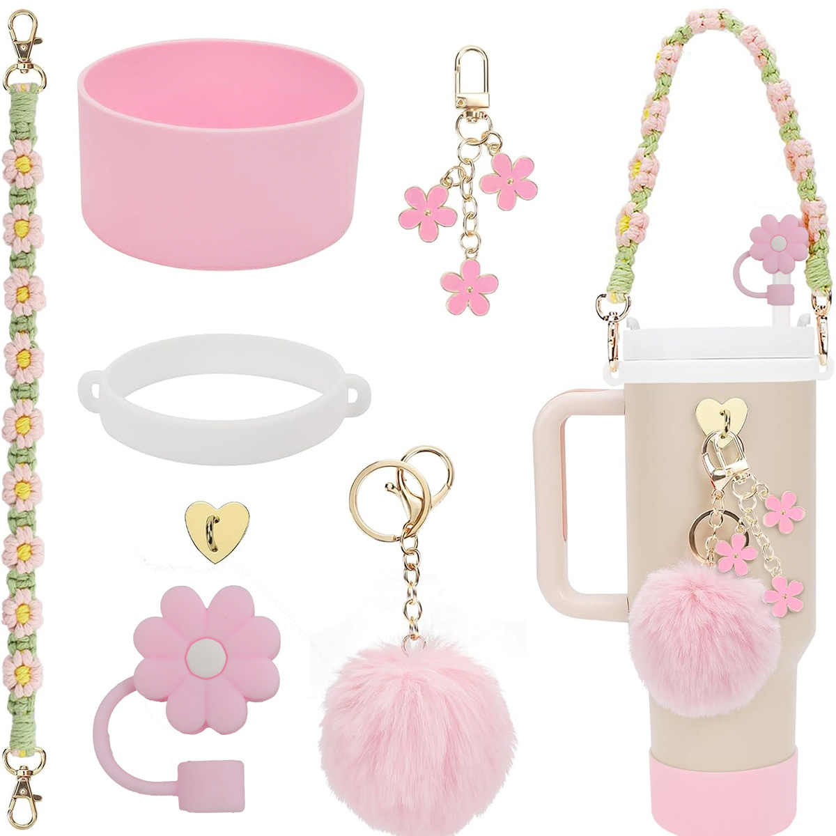 30oz 40oz tumblers Accessories set Woven Hand String handle strap Straw Key chain pendant Silicone boot flower charms cup accessories No tumbler