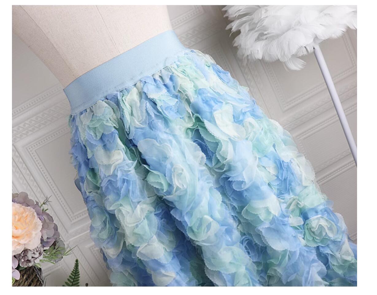 Womens new ball gauze elastic waist blue rose luxury dress long desinger skirt SL
