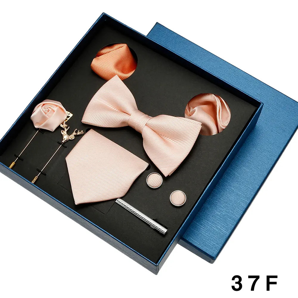 Bow Tie Mens Tie Gift Set Peach Pink Wedding Ties For Men Necktie Bowtie Silk Set Brooches Cufflinks Tie Clip Suits For Husband 240412