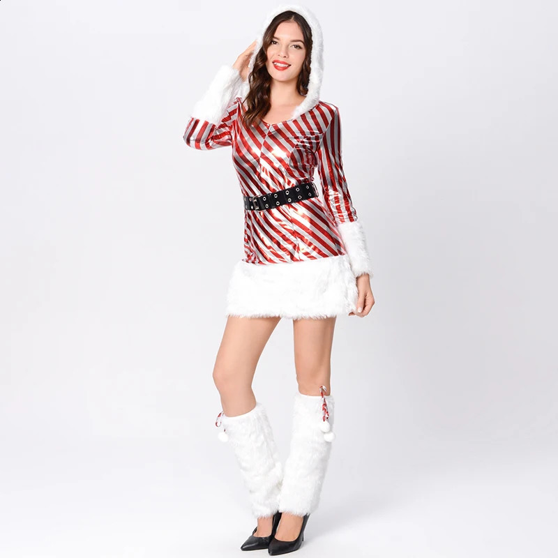 Women Christmas Costume Christmas Hooded Dress Striped Mrs Claus Cosplay Costume Xmas Holidays Party Fancy Dress 241121