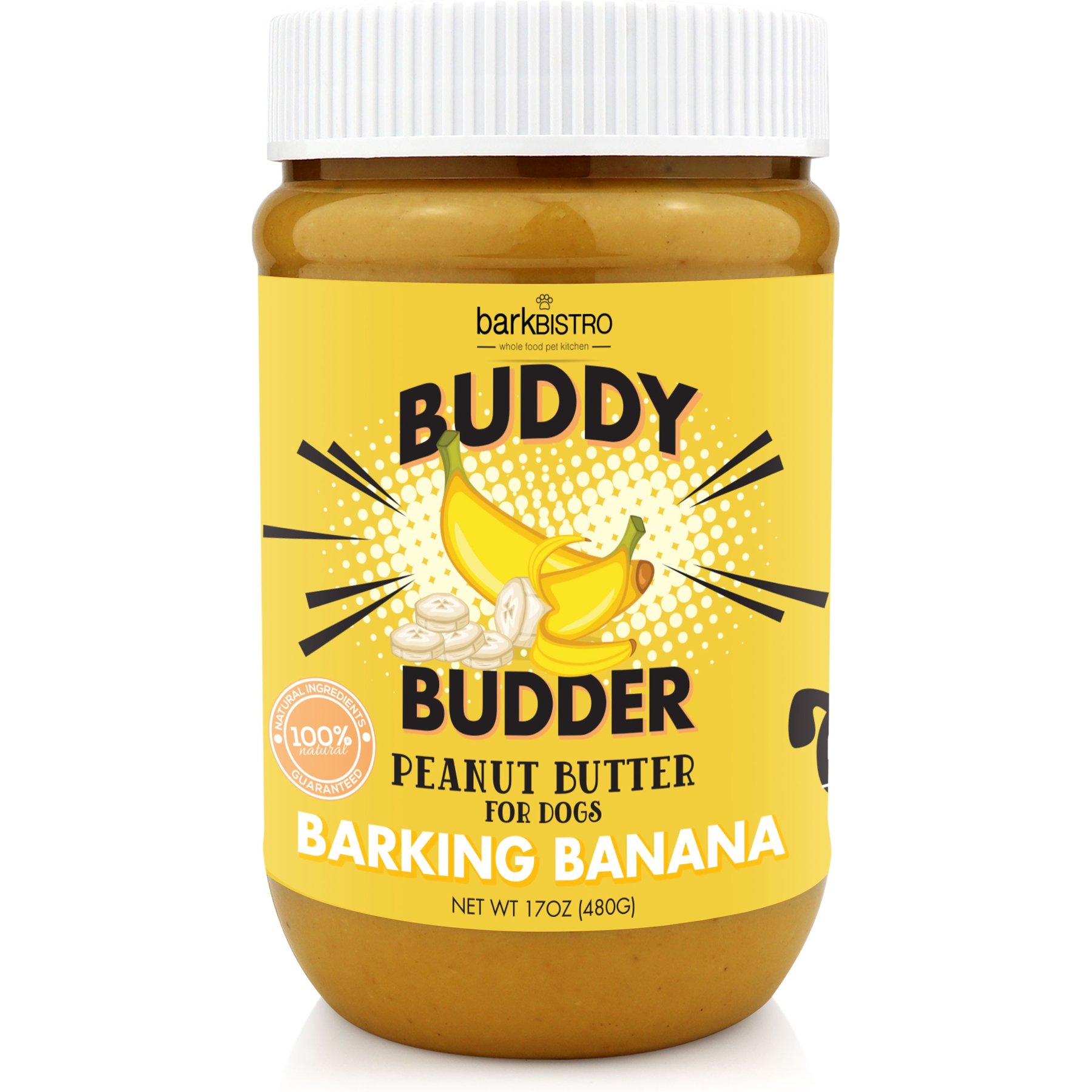Bark Bistro Company Buddy Budder Barking Banana Peanut Butter Lickable Dog Treat, 17-oz jar