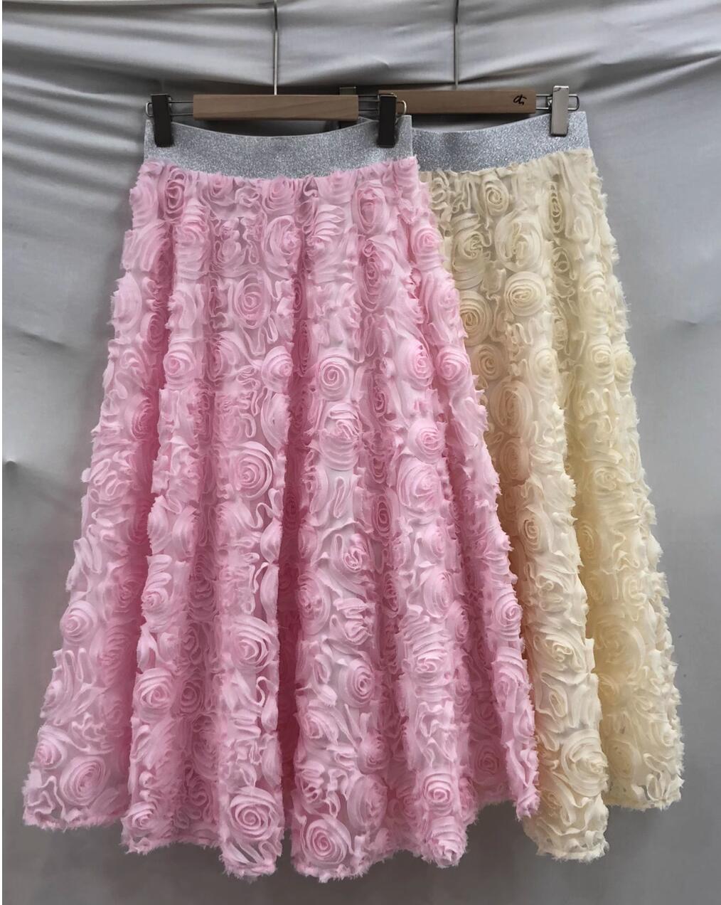 Womens new tulle elastic waist fashion French sweet pink rose ball dress long skirt
