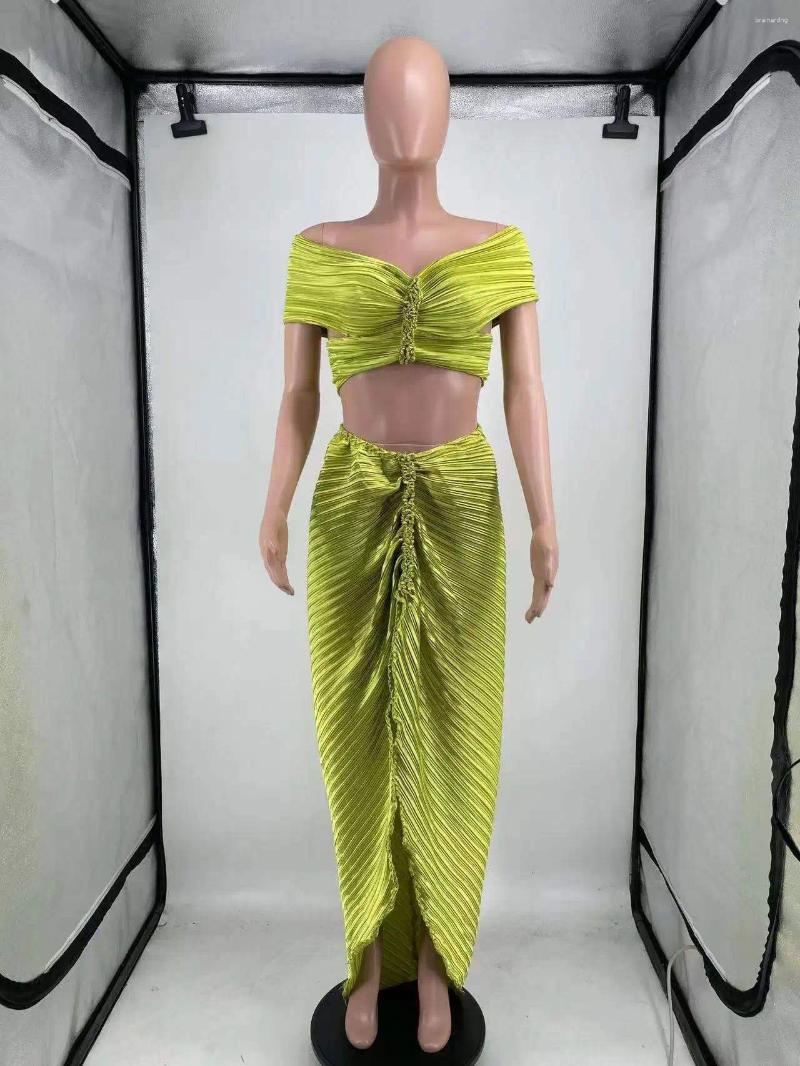 Work Dresses Design Fold Slash Off Shoulder Crop Top And Midi Skirt Two Piece Set Sexy Elegant Party Dress Summer Women Cloth