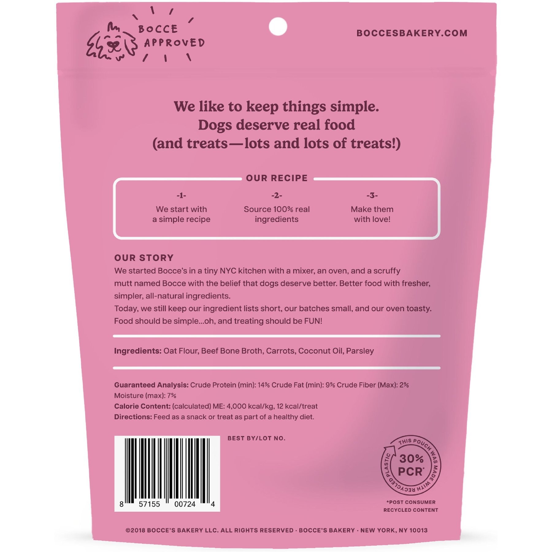 Bocce's Bakery Bone Broth, Carrots & Parsley Dog Treats, 5-oz bag