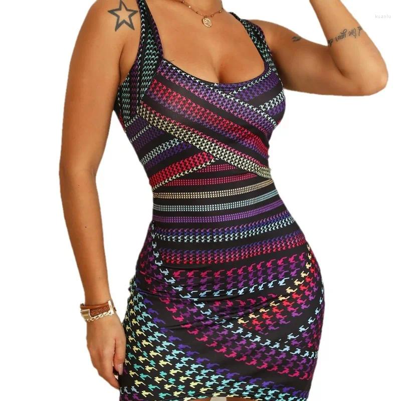 Casual Dresses 2024 Spring Summer Womens Clothing Spaghetti Straps Sleeveless Printed Short Skirt One-Step