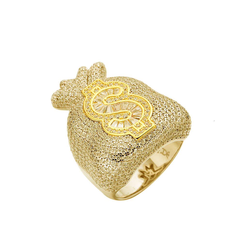2024 Hip Hop Iced Out Cz Moissanite Dia Baguette Money Bag Symbol Sign 14k Gold Plated Rapper Fashion Jewelry Rings m