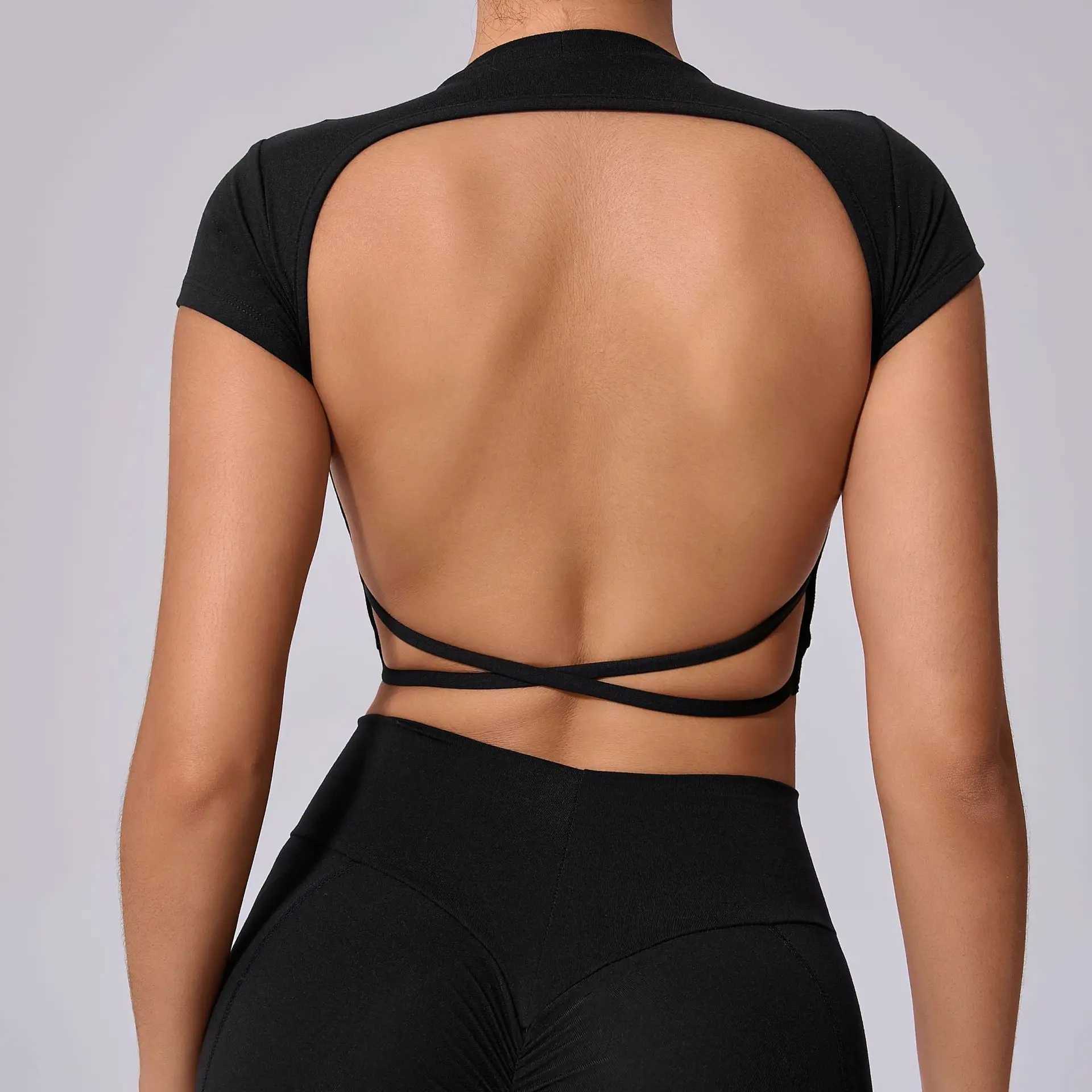 Hollow back crop short sleeved exercise yoga shirt womens fitness exercise top sportswear running T-shirtXJ250410