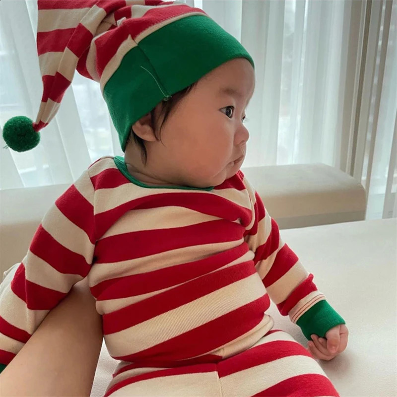 Christmas Autumn Winter Baby Set Children Boys Girls Cute Cotton Two tone Red/Green Stripe Baby Long Sleeve Childrens Set 241121