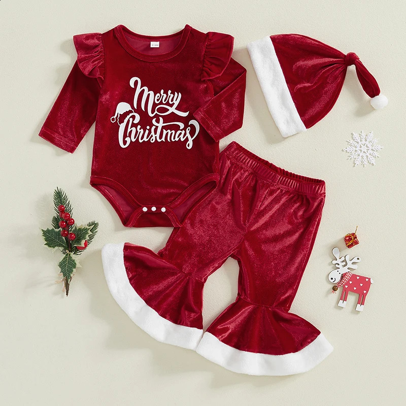 Citgeett winter baby Christmas clothing letter printing long sleeved jumpsuit flash pants hat autumn Christmas clothing set 241121