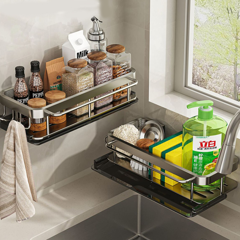 Rag rack kitchen storage rack no-punch shelves wall-mounted hooks multifunctional household draining sink shelf