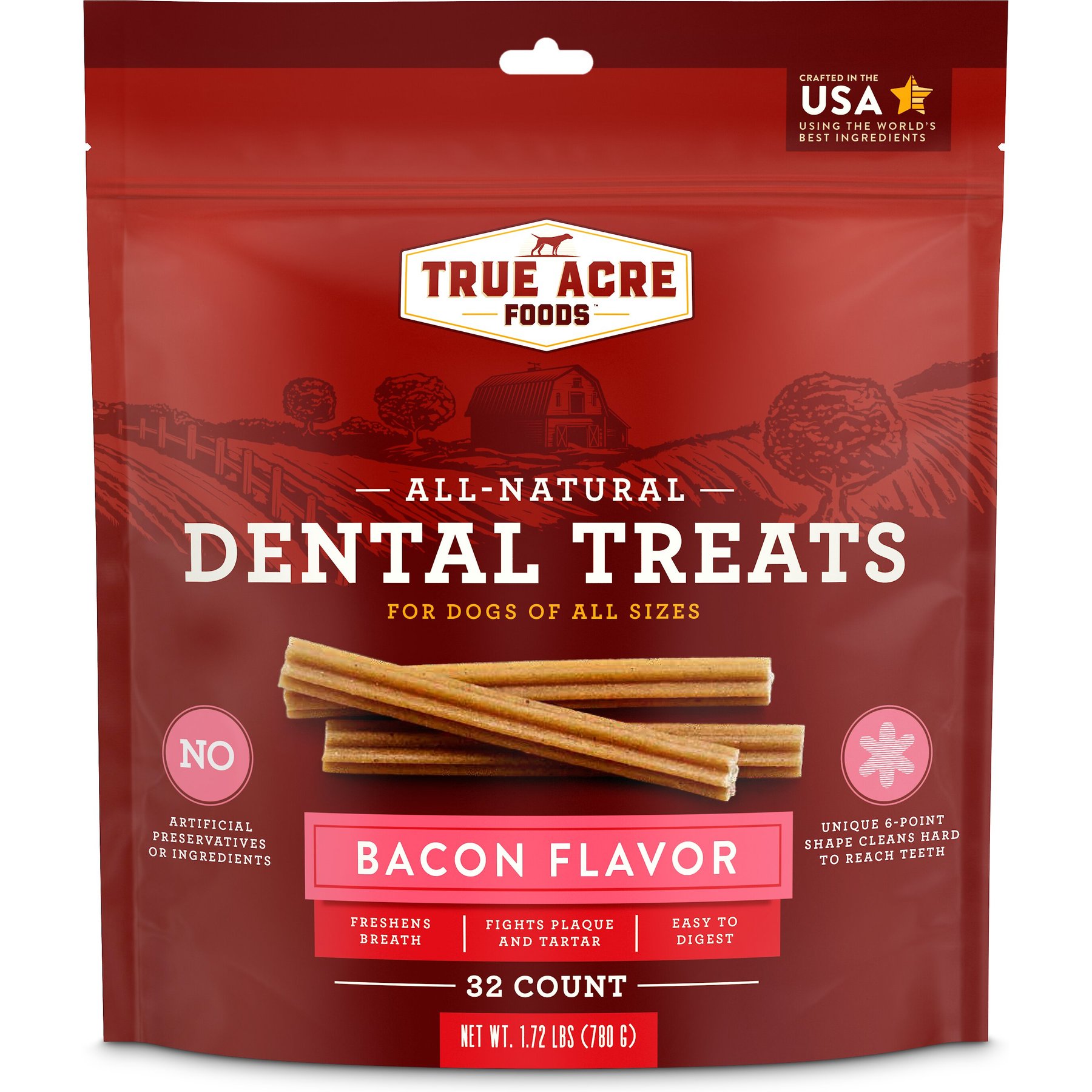 True Acre Foods All-Natural Dental Chew Sticks, Bacon Flavor