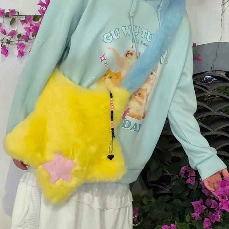 Drawstring Y2k Furry Star Crossbody Bags For Girls Retro Faux Fur Women's Shoulder Bag Contrast Color Plush Female Large Handbags Purses zhanyish