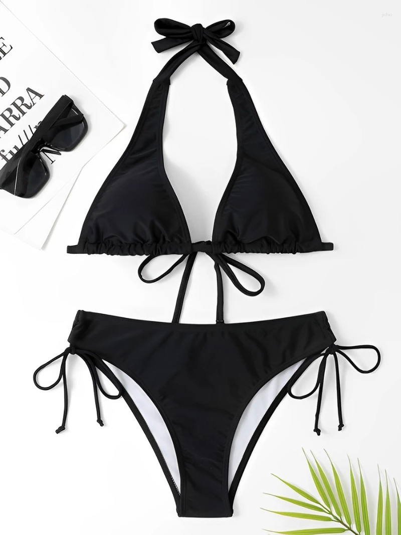 Womens Swimwear 2024 Halter String Two Piece Bikini Set Women Female Swimsuit Solid Bathers Bathing Swimming Suit Beachwear Summer