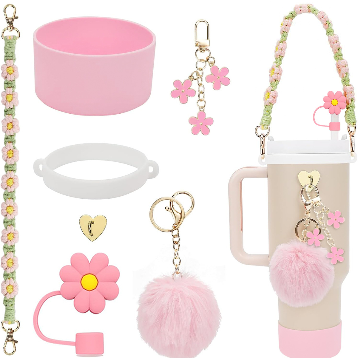 30oz 40oz tumblers Accessories set Woven Hand String handle strap Straw Key chain pendant Silicone boot flower charms cup accessories No tumbler