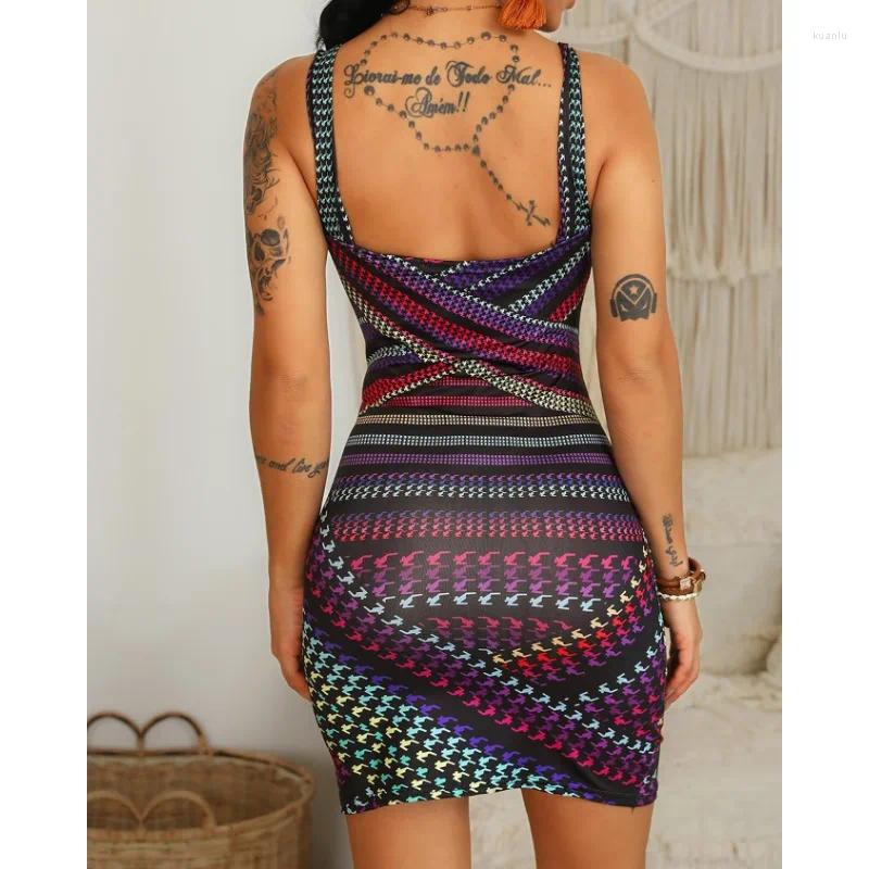 Casual Dresses 2024 Spring Summer Womens Clothing Spaghetti Straps Sleeveless Printed Short Skirt One-Step