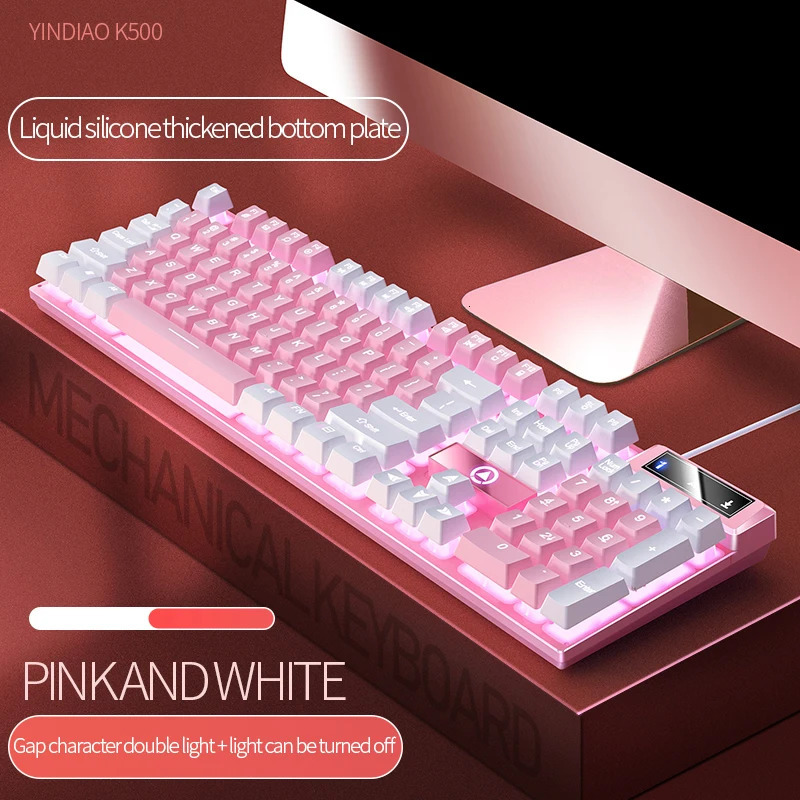 K500 Pink Keyboard Mixed Color White Keycaps 104 Keys Wired Gaming for Laptop PC 240418