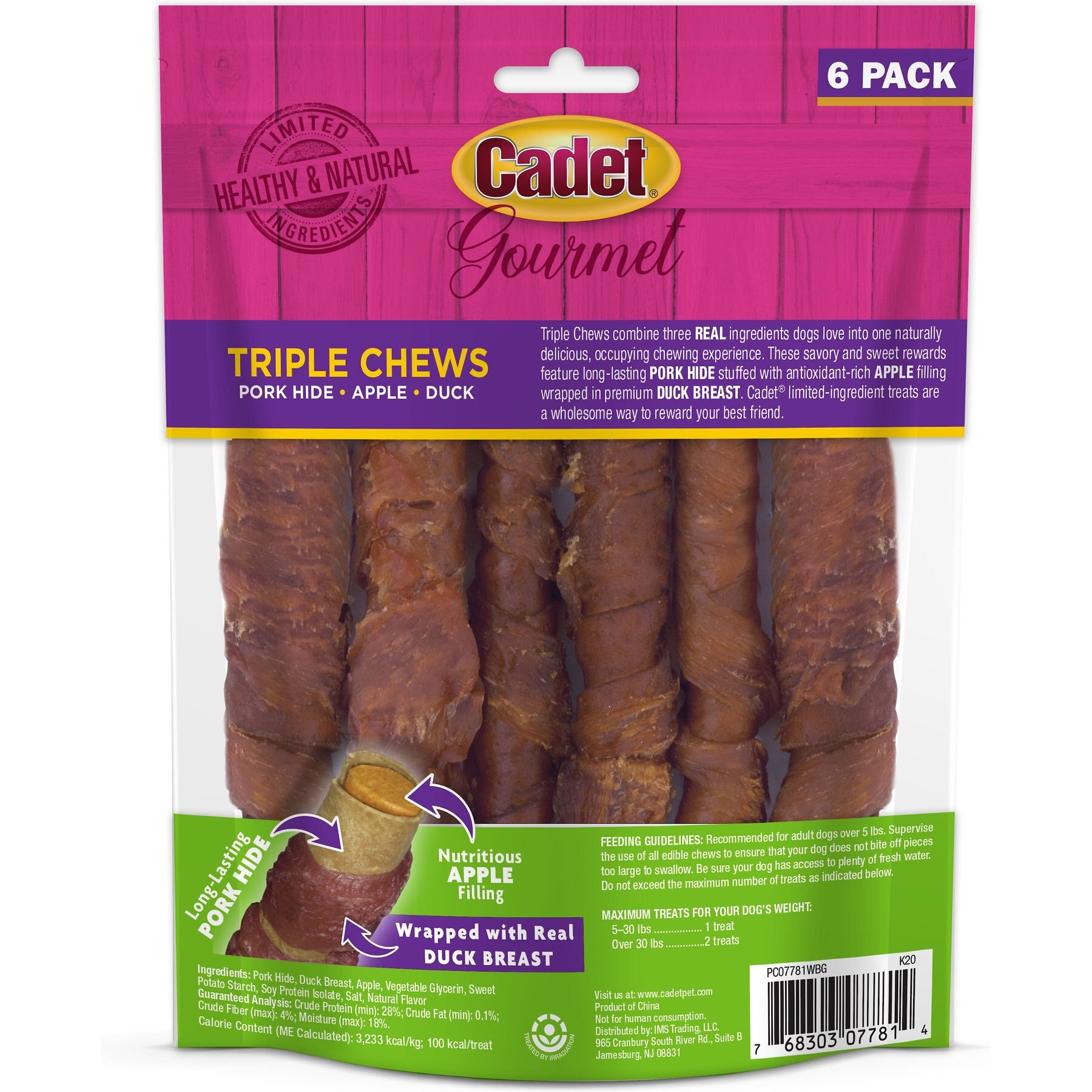 Cadet Gourmet Triple Chews Apple, Duck & Pork Hide Twists Dog Treats, 6 count