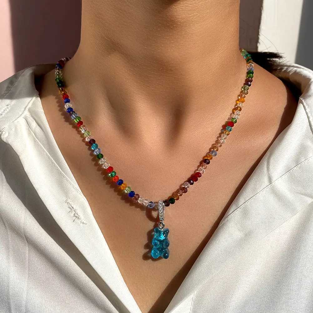 Pendant Necklaces 2021 New Shiny Gradient Gummy Bear Glass Beaded Necklace For Women Girl Silver Color CZ Bears Pendant String Beads Jewelry Gifts Y24