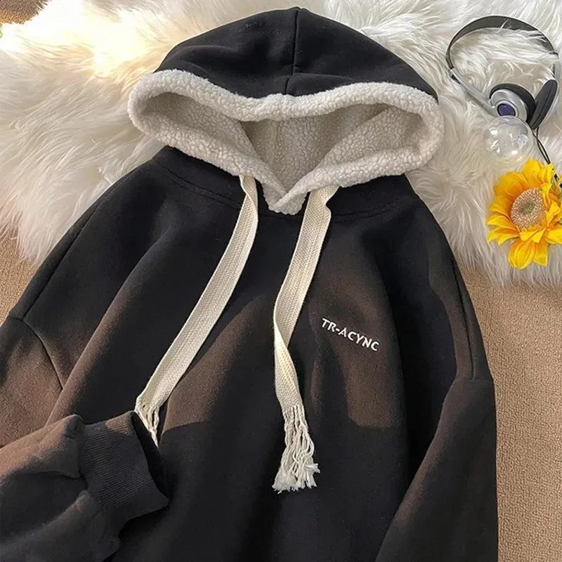 thick womens sports sweatshirt hooded sweatshirt oversized brushed casual wool printed autumn and winter womens top 241121