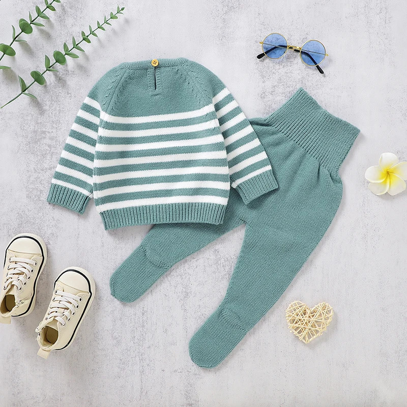 Baby clothing set knitted born girl boy long sleeved zipperpants warm autumn baby sweaterTrouthers leg 2PC set 241121