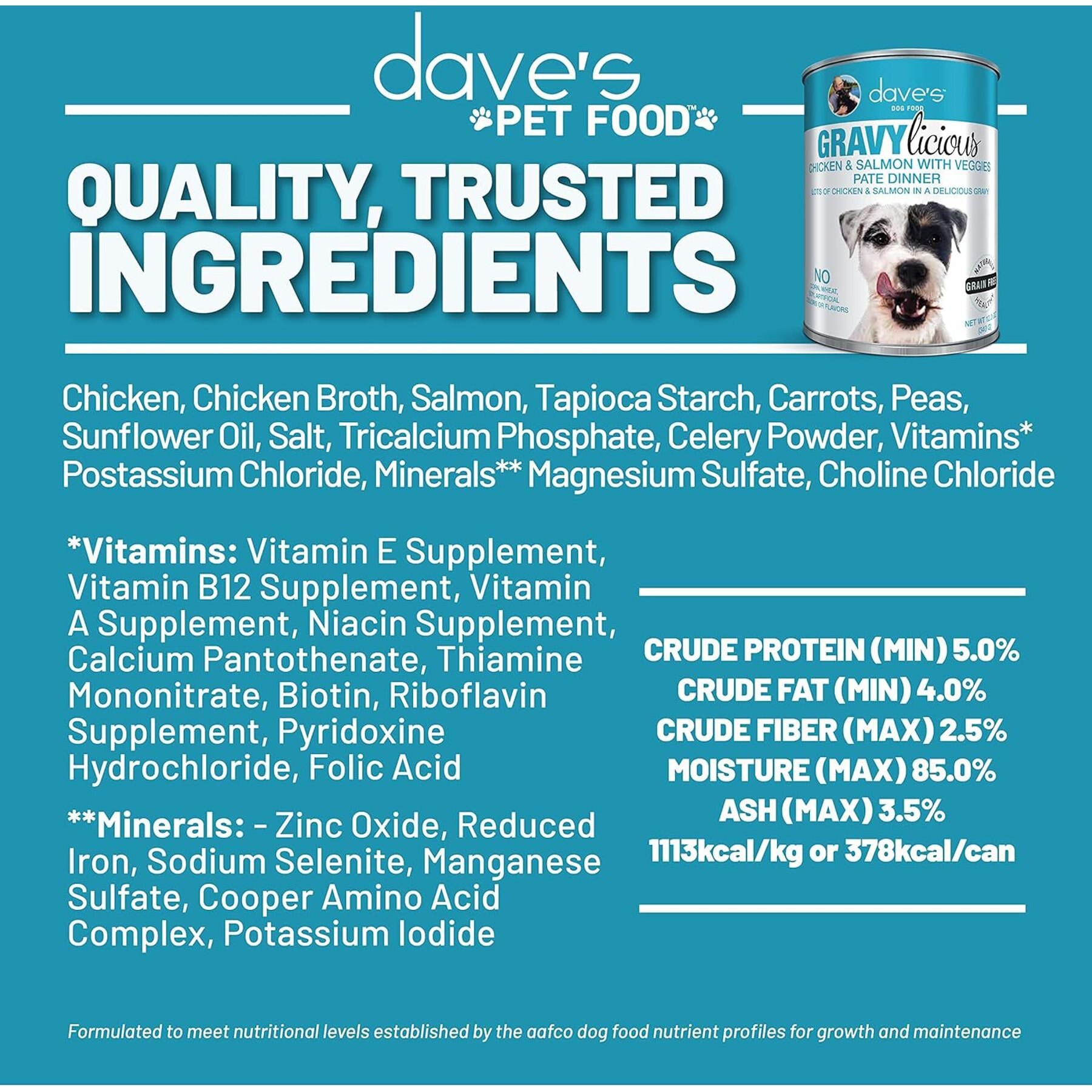 Dave's Pet Food Gravylicious Chicken & Salmon Veggies Grain-Free Pate Wet Canned Dog Food, 12-oz can, case of 12