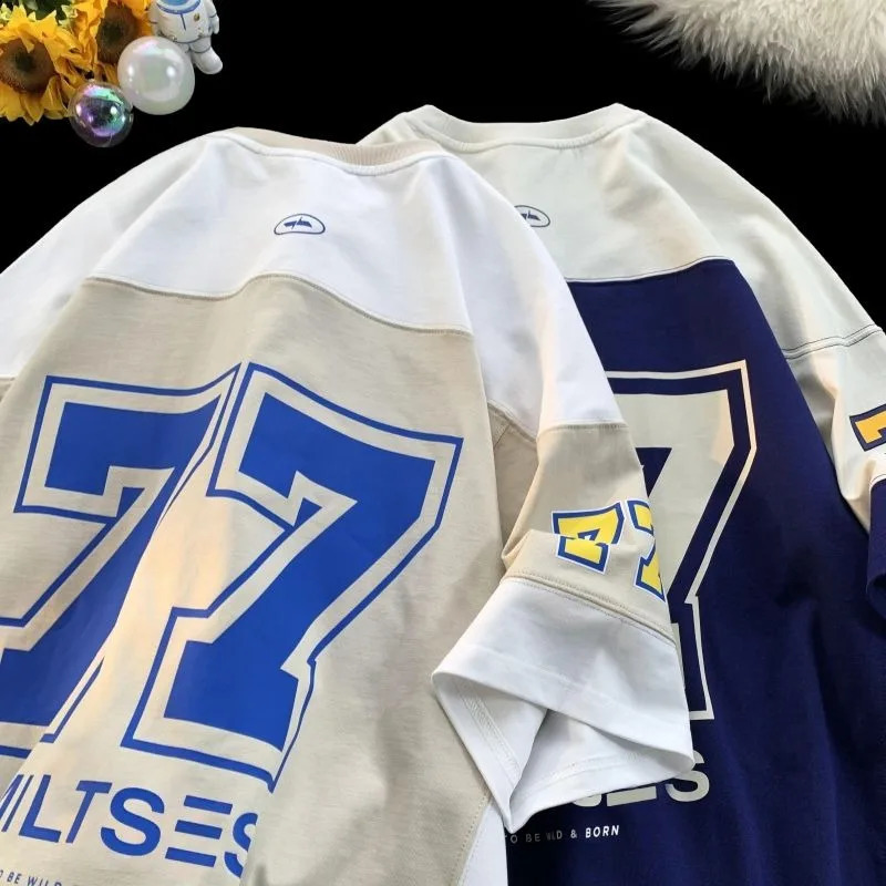 Mens round neck short sleeved T-shirt summer American hip-hop retro college style trend Harajuku T-shirt 241118