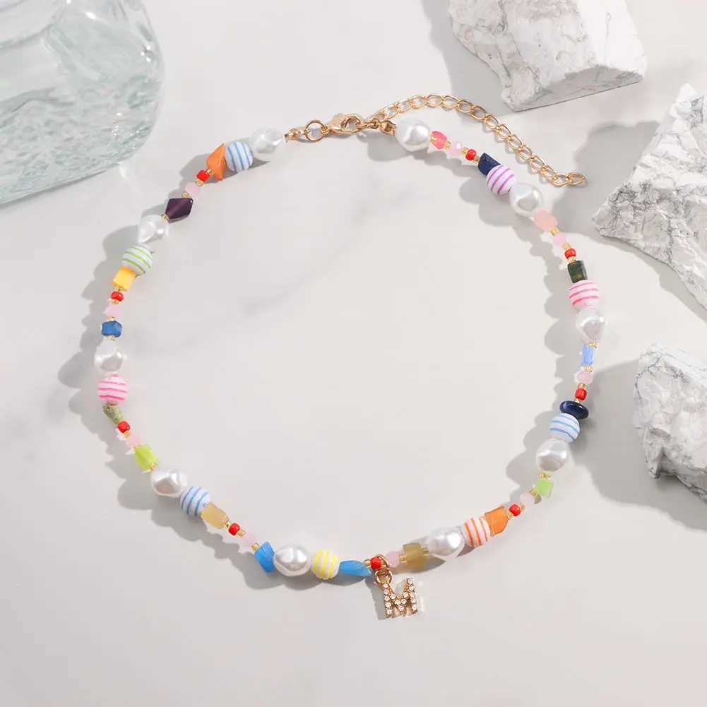 Pendant Necklaces Irregular Colorful Natural Stone Beads Choker Necklace For Women DIY Custom 26 Initials Pearl Name Beaded Necklaces Gift Jewelry Y24