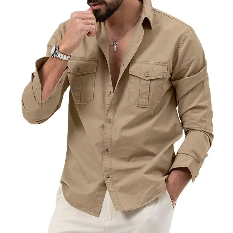 SpringSummer European and American Mens Shirts with Multiple Pockets Casual Slim Fit Long sleeved Workwear Top 240412