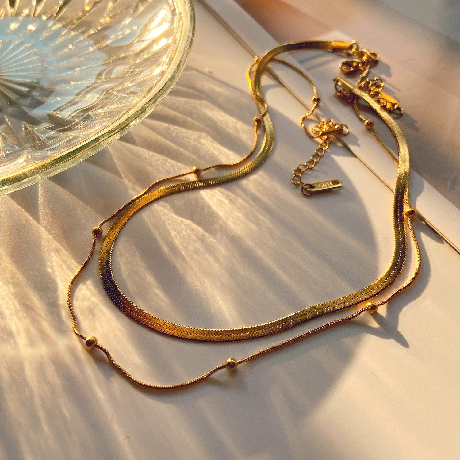 Elegant 18K Real Gold Plated Choker Necklace Double Layer Snake Chain Necklaces For Women Wedding Jewelry Friend Family Numbers Gift Luxury Accessory  - view 6