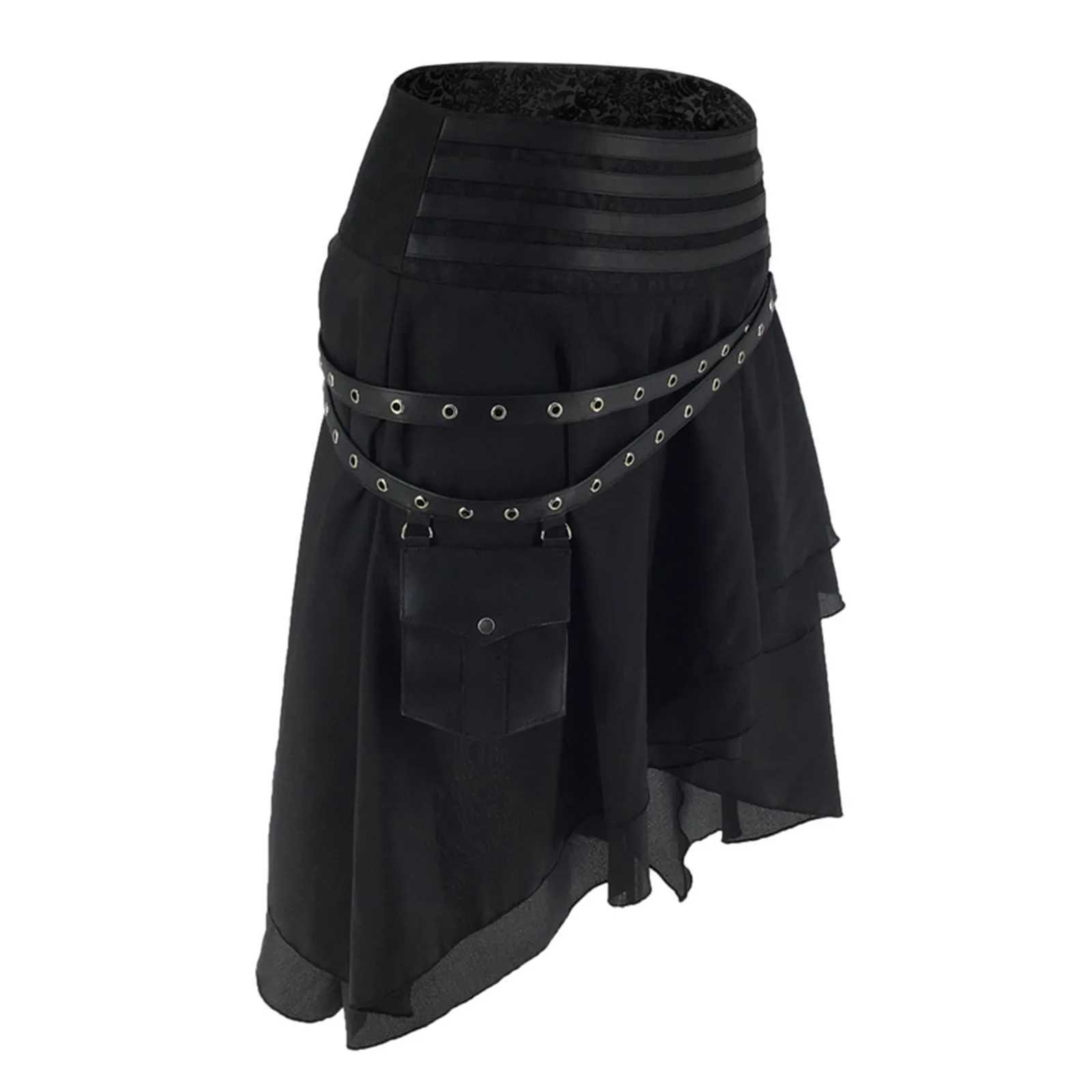 Skirts Brown Asymmetrical Ruffle Layered Gothic Skirt Womens Vintage Traditional Hiphop Skirts Leather Victorian Corsets Skirts Y240420