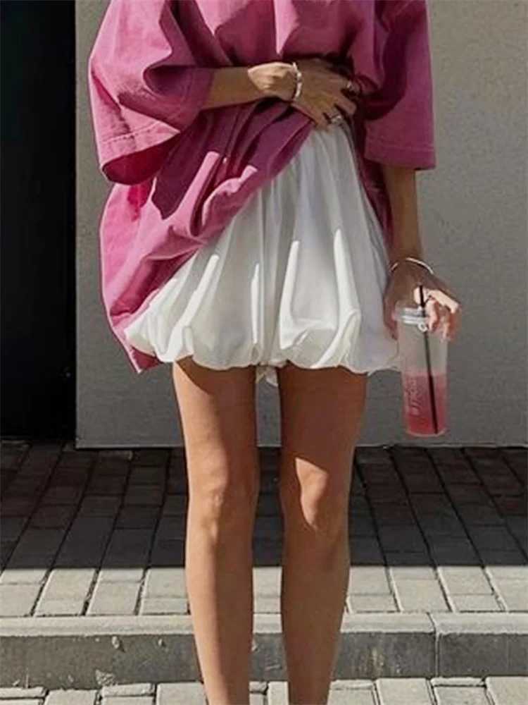 Skirts Womens Mini Lantern Skills Elastic Waist Solid Short Pufll Skills 2024 Summer Casual Loose Y2K Skills T-shirt Y240420